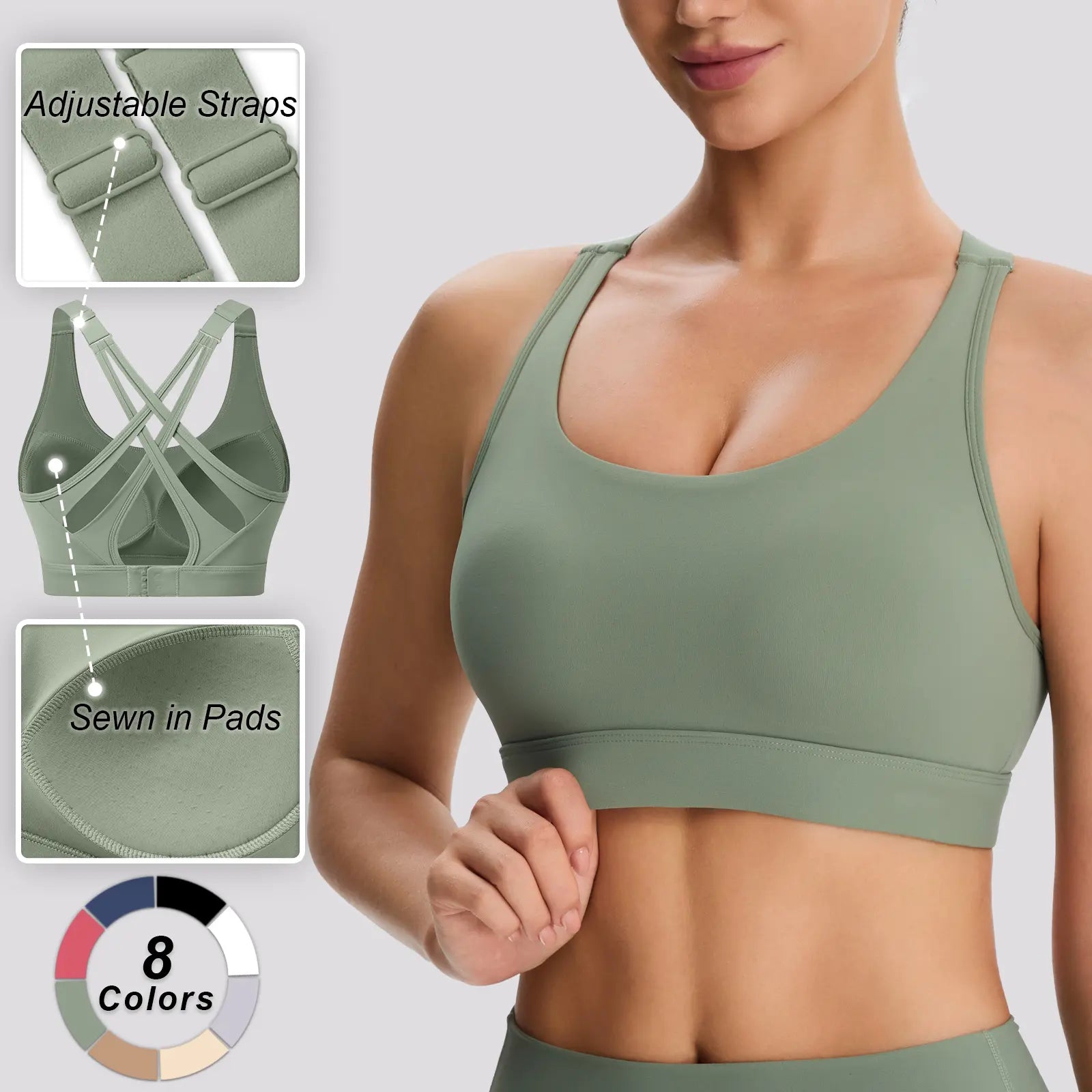 Women'S High Impact Sports Bras with Sewn in Pads,4 Row Adjustable Hook-Eye Closure,Crisscross Adjustable Straps Back,Soft and Comfortable Non-Removable Molded Cups,Women Workout Tops for Running Yoga